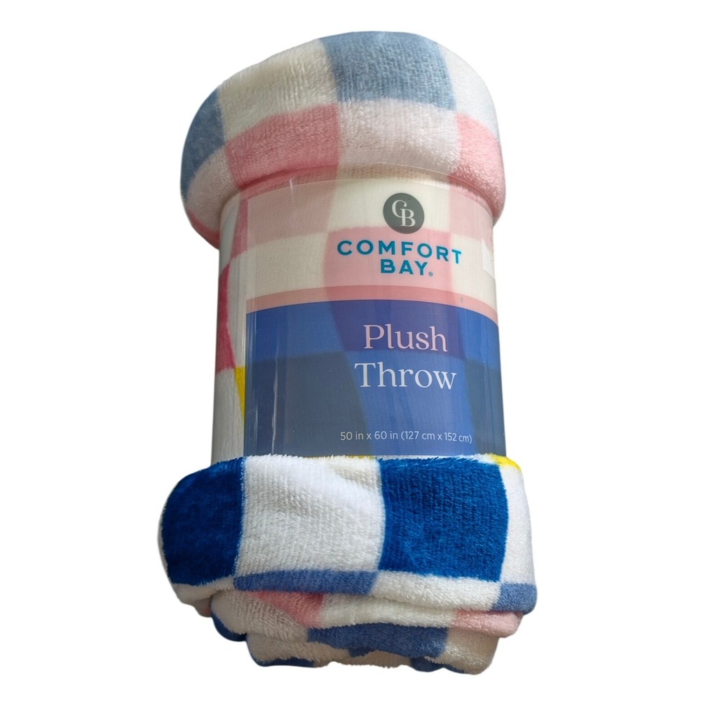 Comfort Bay Plush Throw Blanket 50x60 Multicolored Checkered Pink Blue Yellow